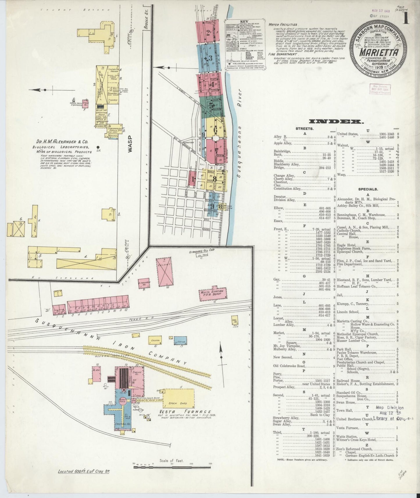 Sanborn Fire Insurance Map from Marietta, Lancaster County, Pennsylvania (1909), Sheet #0001 - Historic Sanborn Fire Insurance Map Print, vintage old map wall art, antique decor, genealogy gift, Pennsylvania Pennsylvania map
