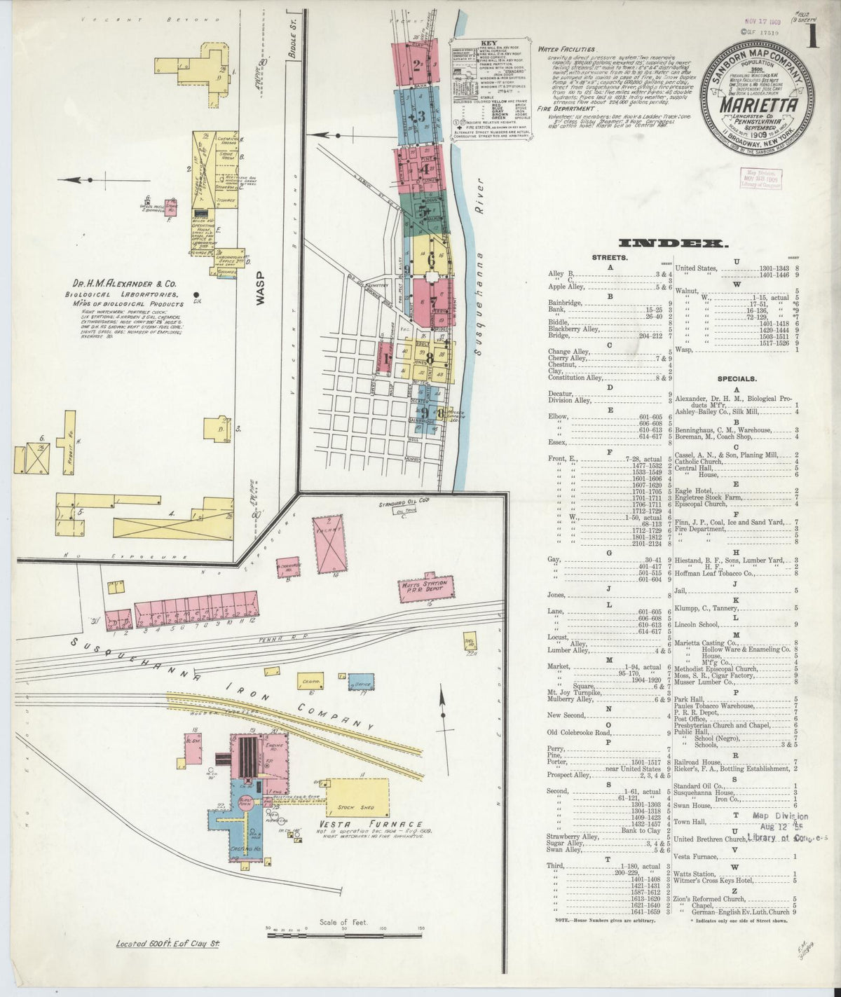 Sanborn Fire Insurance Map from Marietta, Lancaster County, Pennsylvania (1909), Sheet #0001 - Historic Sanborn Fire Insurance Map Print, vintage old map wall art, antique decor, genealogy gift, Pennsylvania Pennsylvania map