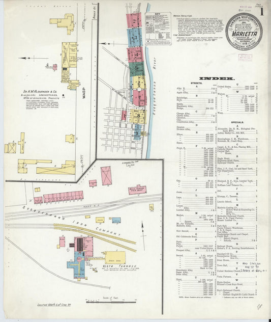 Sanborn Fire Insurance Map from Marietta, Lancaster County, Pennsylvania (1909), Sheet #0001 - Historic Sanborn Fire Insurance Map Print, vintage old map wall art, antique decor, genealogy gift, Pennsylvania Pennsylvania map