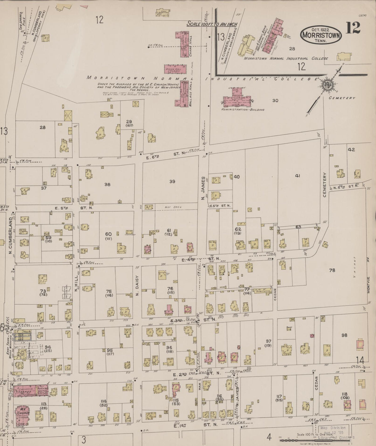 Sanborn Fire Insurance Map from Morristown, Hamblen County, Tennessee (1922), Sheet #0012 - Complete Map Set gallery image, historic Sanborn map, vintage wall art, Tennessee Tennessee