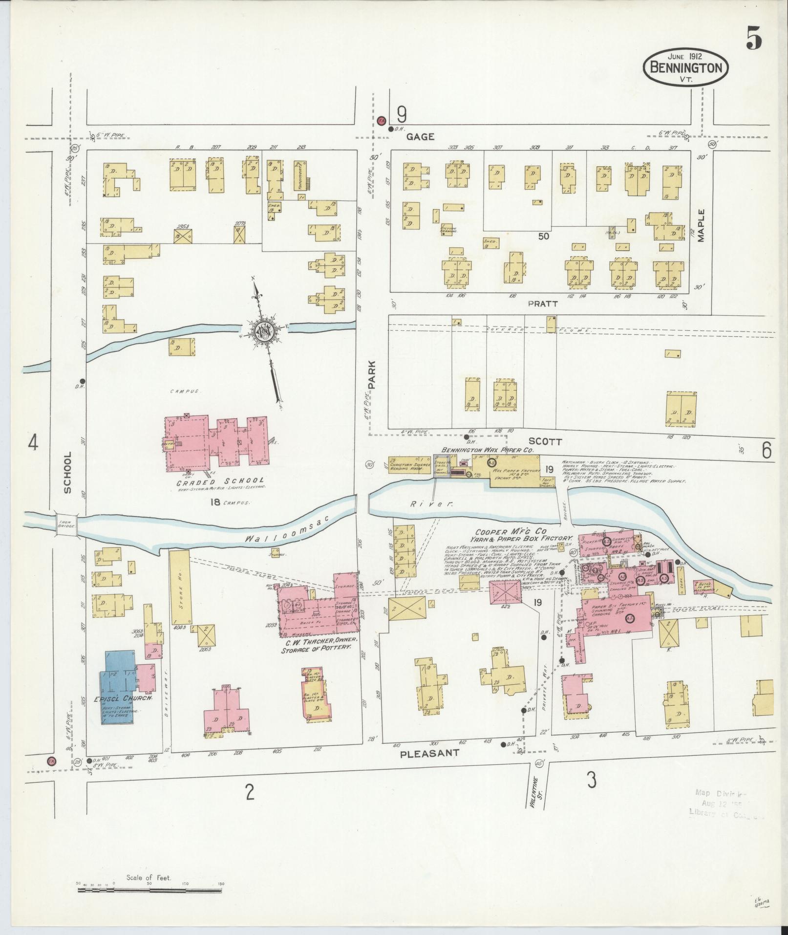 Sanborn Fire Insurance Map from Bennington, Bennington County, Vermont (1912), Sheet #0005 - Complete Map Set gallery image, historic Sanborn map, vintage wall art, Vermont Vermont