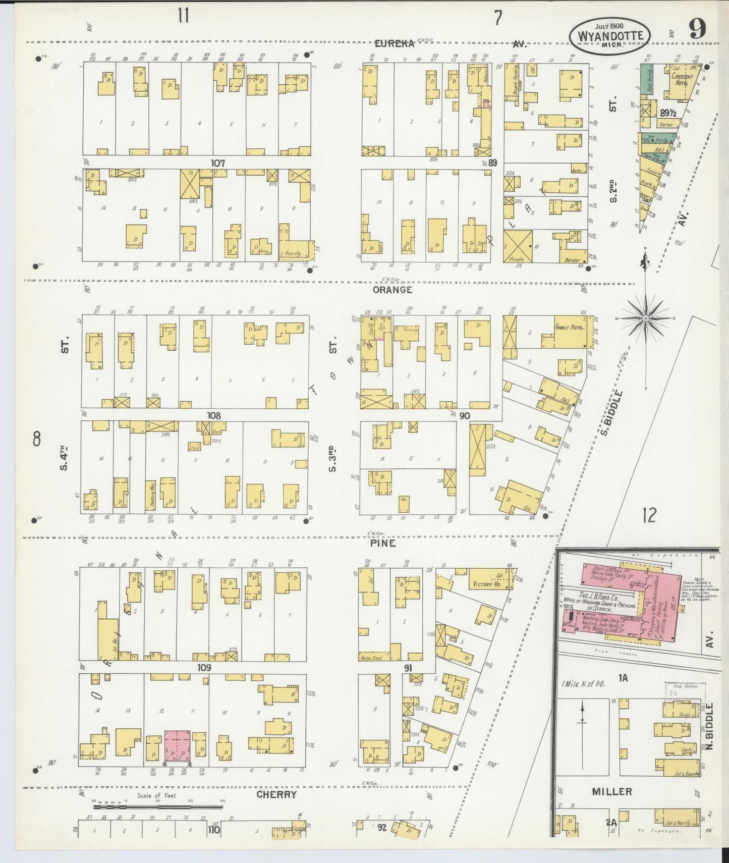Sanborn Fire Insurance Map from Wyandotte, Wayne County, Michigan (1900), Sheet #0009 - Complete Map Set gallery image, historic Sanborn map, vintage wall art, Michigan Michigan