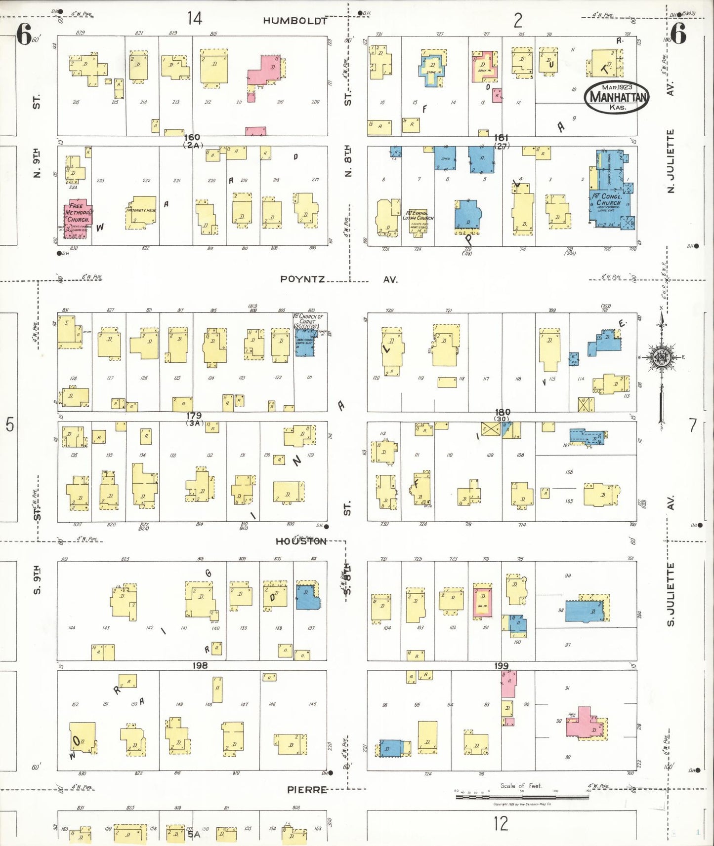 Sanborn Fire Insurance Map from Manhattan, Riley County, Kansas (1923), Sheet #0006 - Historic Sanborn Fire Insurance Map Print, vintage old map wall art, antique decor, genealogy gift, Kansas Kansas map
