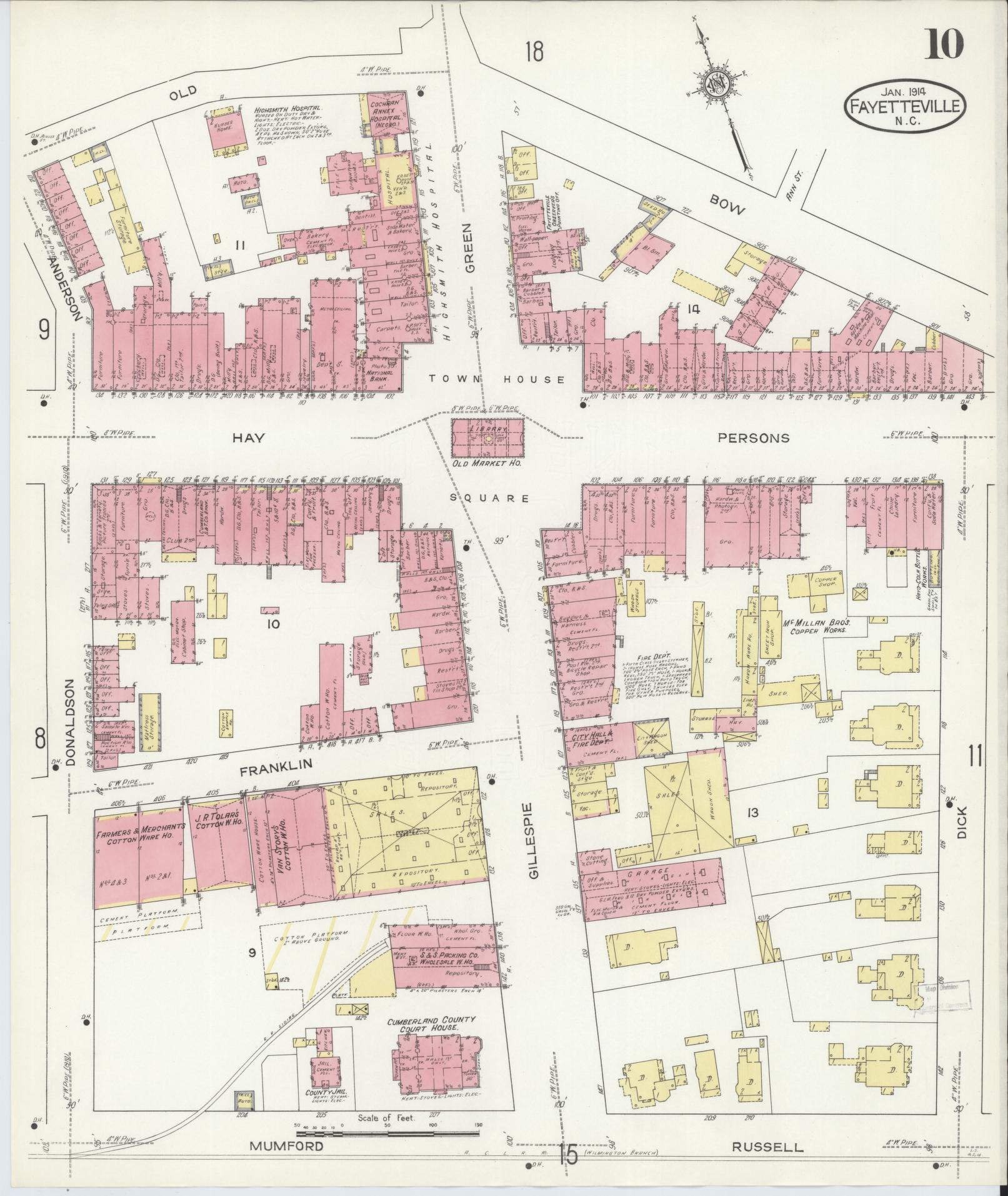 Sanborn Fire Insurance Map from Fayetteville, Cumberland County, North Carolina (1914), Sheet #0010 - Historic Sanborn Fire Insurance Map Print, vintage old map wall art, antique decor, genealogy gift, North Carolina North Carolina map