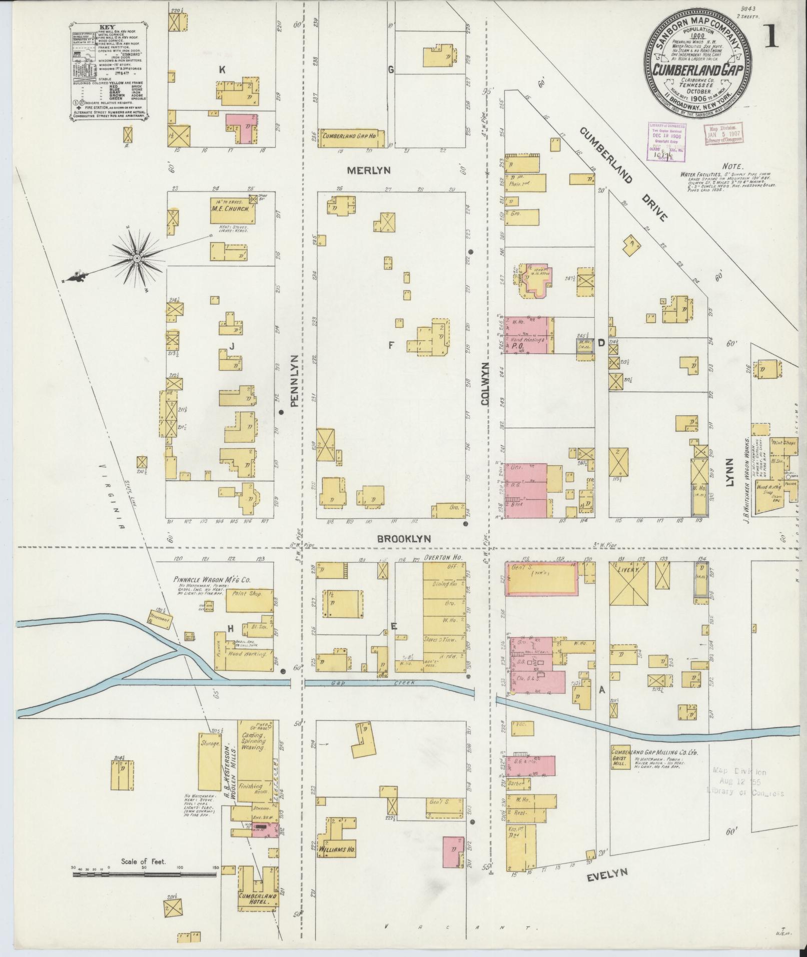 Sanborn Fire Insurance Map from Cumberland Gap, Claiborne County, Tennessee. (1906) – Historic Sanborn Fire Insurance Map Print