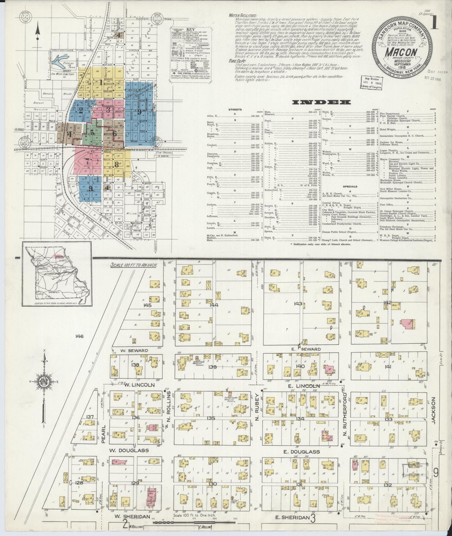 Sanborn Fire Insurance Map from Macon, Macon County, Missouri (1916), Sheet #0001 - Historic Sanborn Fire Insurance Map Print, vintage old map wall art, antique decor, genealogy gift, Missouri Missouri map