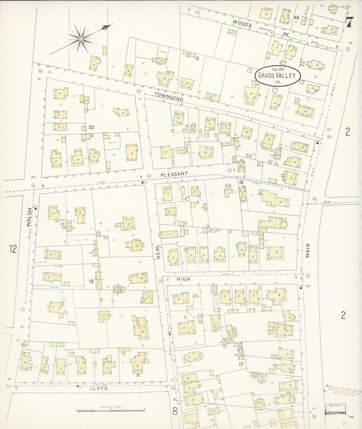 Sanborn Fire Insurance Map from Grass Valley, Nevada County, California (1898), Sheet #0007 - Complete Map Set gallery image, historic Sanborn map, vintage wall art, California California