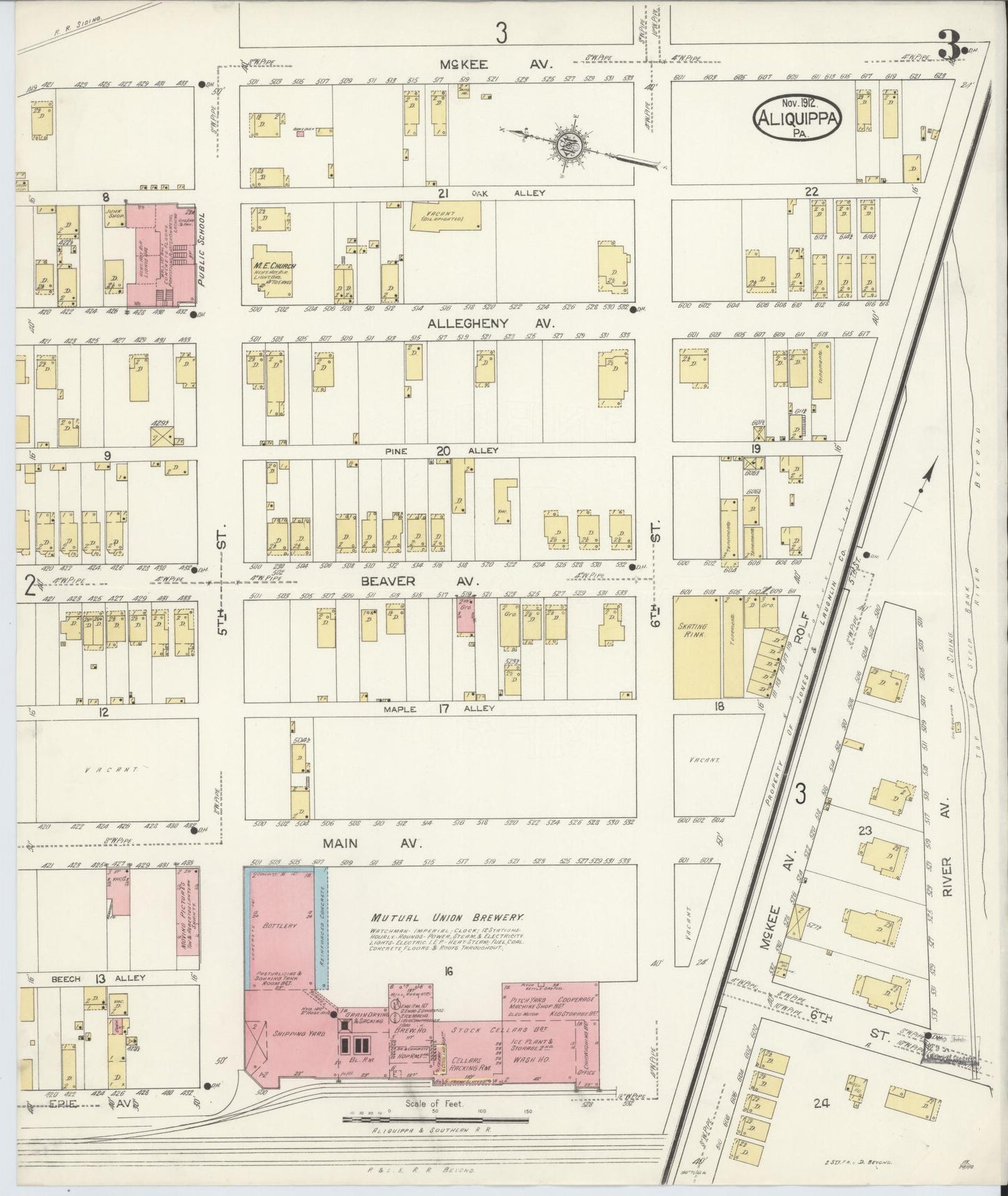 Sanborn Fire Insurance Map from Aliquippa, Beaver County, Pennsylvania (1912), Sheet #0003 - Historic Sanborn Fire Insurance Map Print, vintage old map wall art, antique decor, genealogy gift, Pennsylvania Pennsylvania map