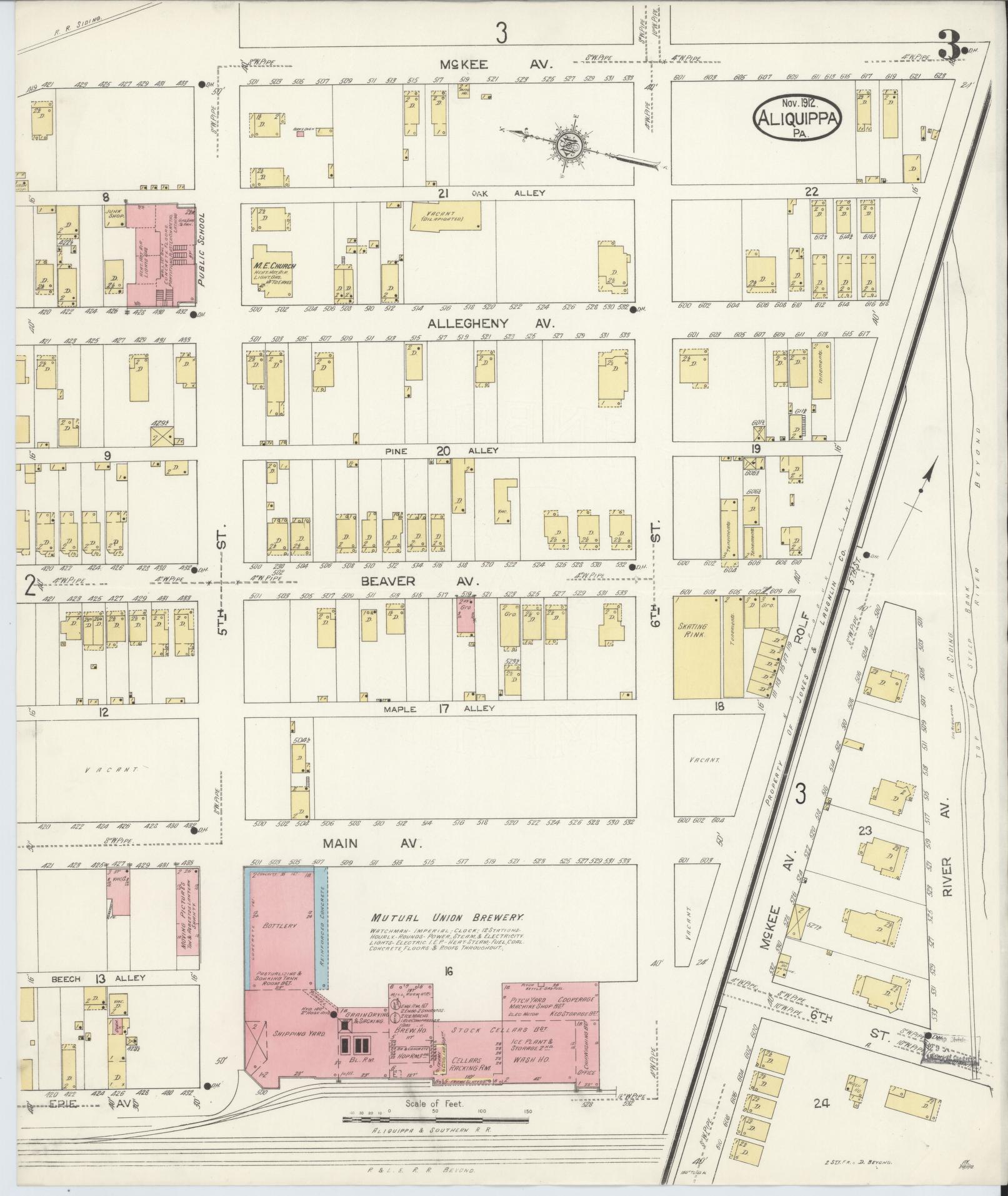 Sanborn Fire Insurance Map from Aliquippa, Beaver County, Pennsylvania (1912), Sheet #0003 - Historic Sanborn Fire Insurance Map Print, vintage old map wall art, antique decor, genealogy gift, Pennsylvania Pennsylvania map