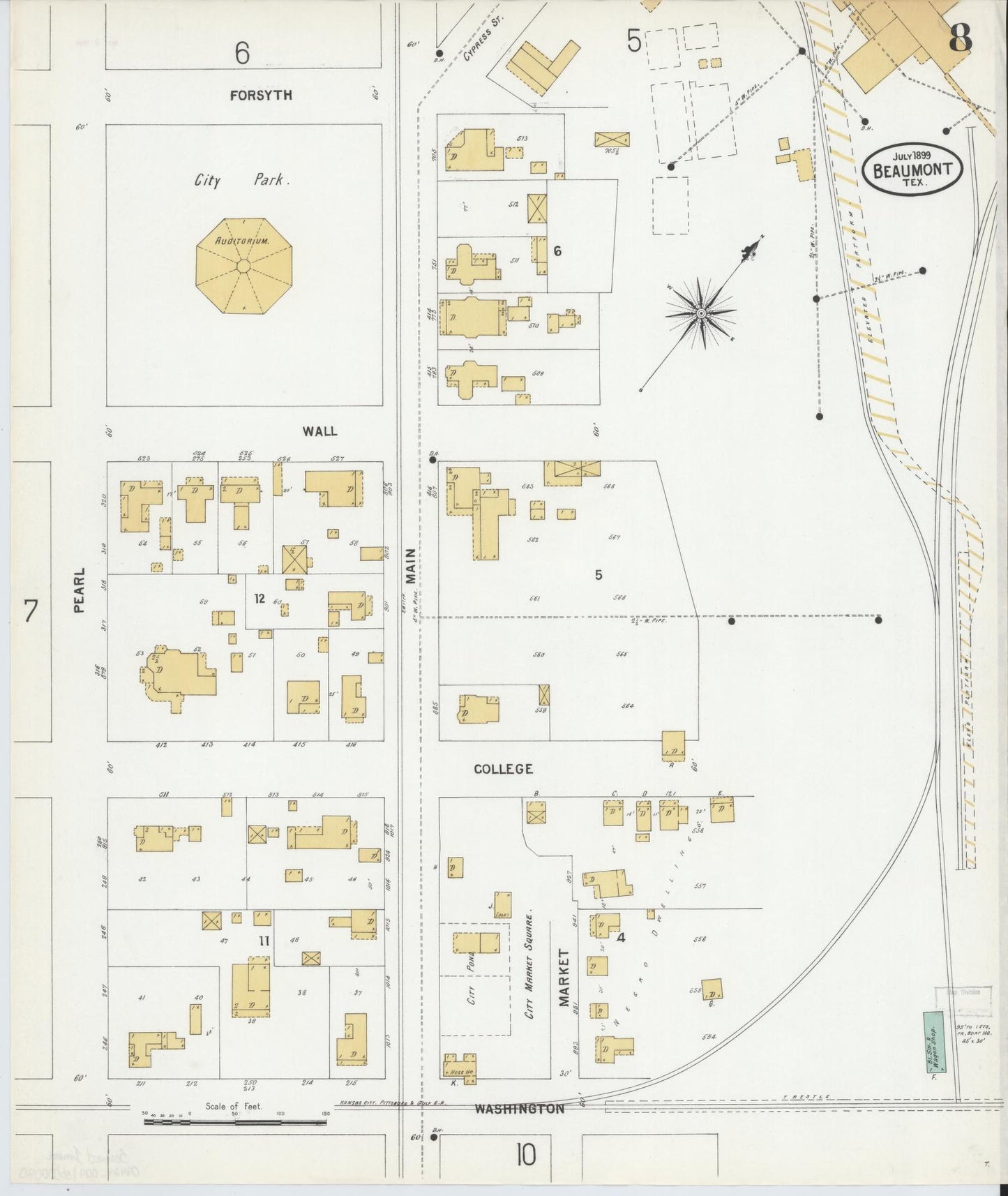 Sanborn Fire Insurance Map from Beaumont, Jefferson County, Texas (1899), Sheet #0008 - Historic Sanborn Fire Insurance Map Print, vintage old map wall art, antique decor, genealogy gift, Texas Texas map