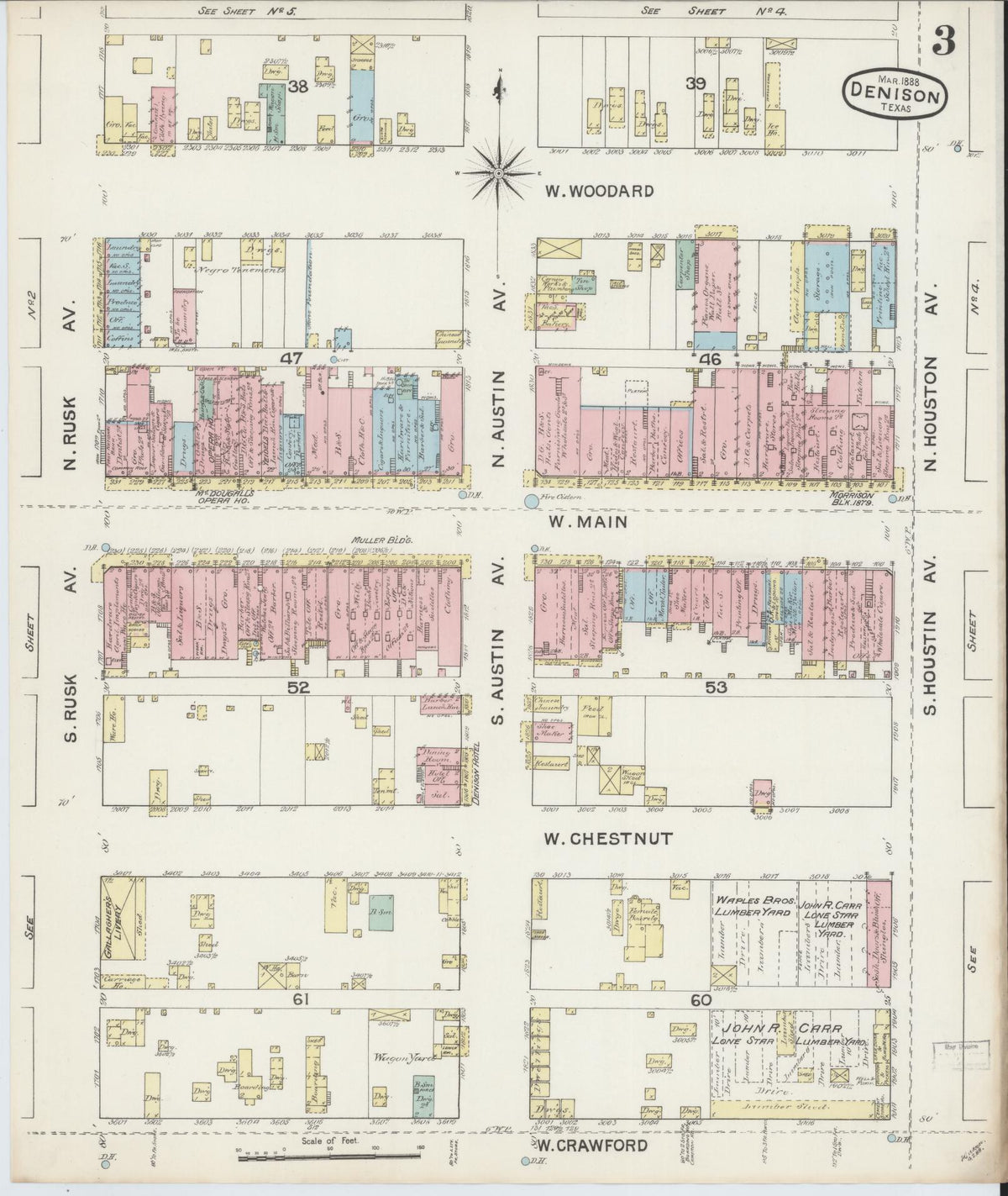 Sanborn Fire Insurance Map from Denison, Grayson County, Texas (1888), Sheet #0003 - Complete Map Set gallery image, historic Sanborn map, vintage wall art, Texas Texas