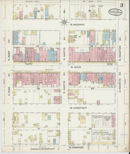 Sanborn Fire Insurance Map from Denison, Grayson County, Texas (1888), Sheet #0003 - Complete Map Set gallery image, historic Sanborn map, vintage wall art, Texas Texas