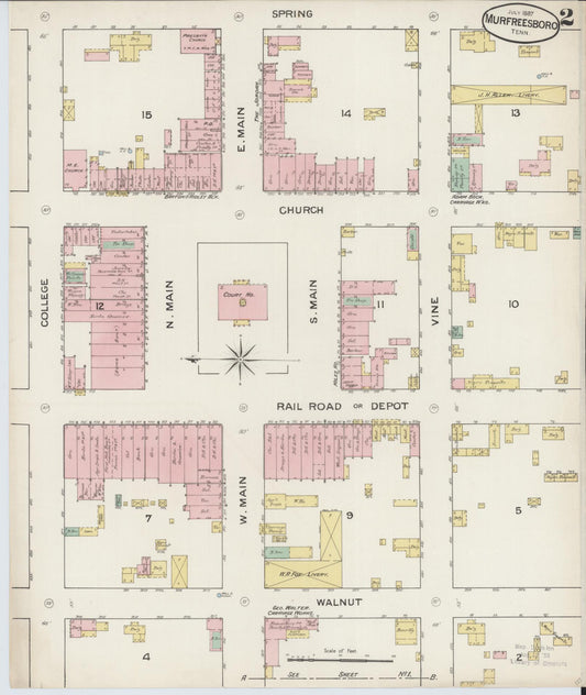 Sanborn Fire Insurance Map from Murfreesboro, Rutherford County, Tennessee (1887), Sheet #0002 - Historic Sanborn Fire Insurance Map Print, vintage old map wall art, antique decor, genealogy gift, Tennessee Tennessee map