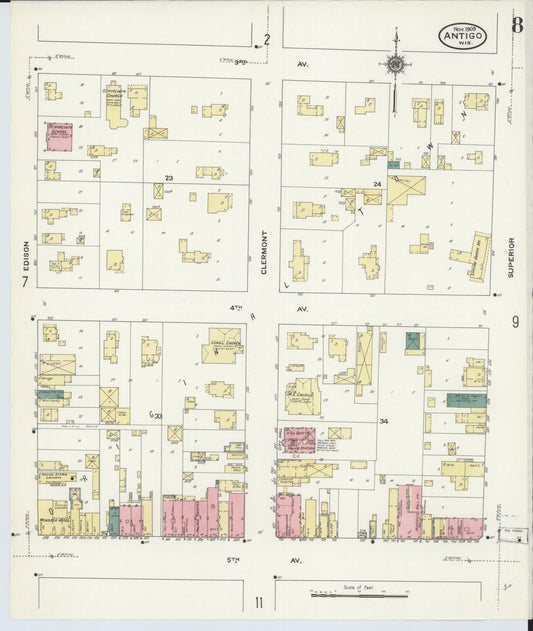 Sanborn Fire Insurance Map from Antigo, Langlade County, Wisconsin (1909), Sheet #0008 - Historic Sanborn Fire Insurance Map Print, vintage old map wall art, antique decor, genealogy gift, Wisconsin Wisconsin map