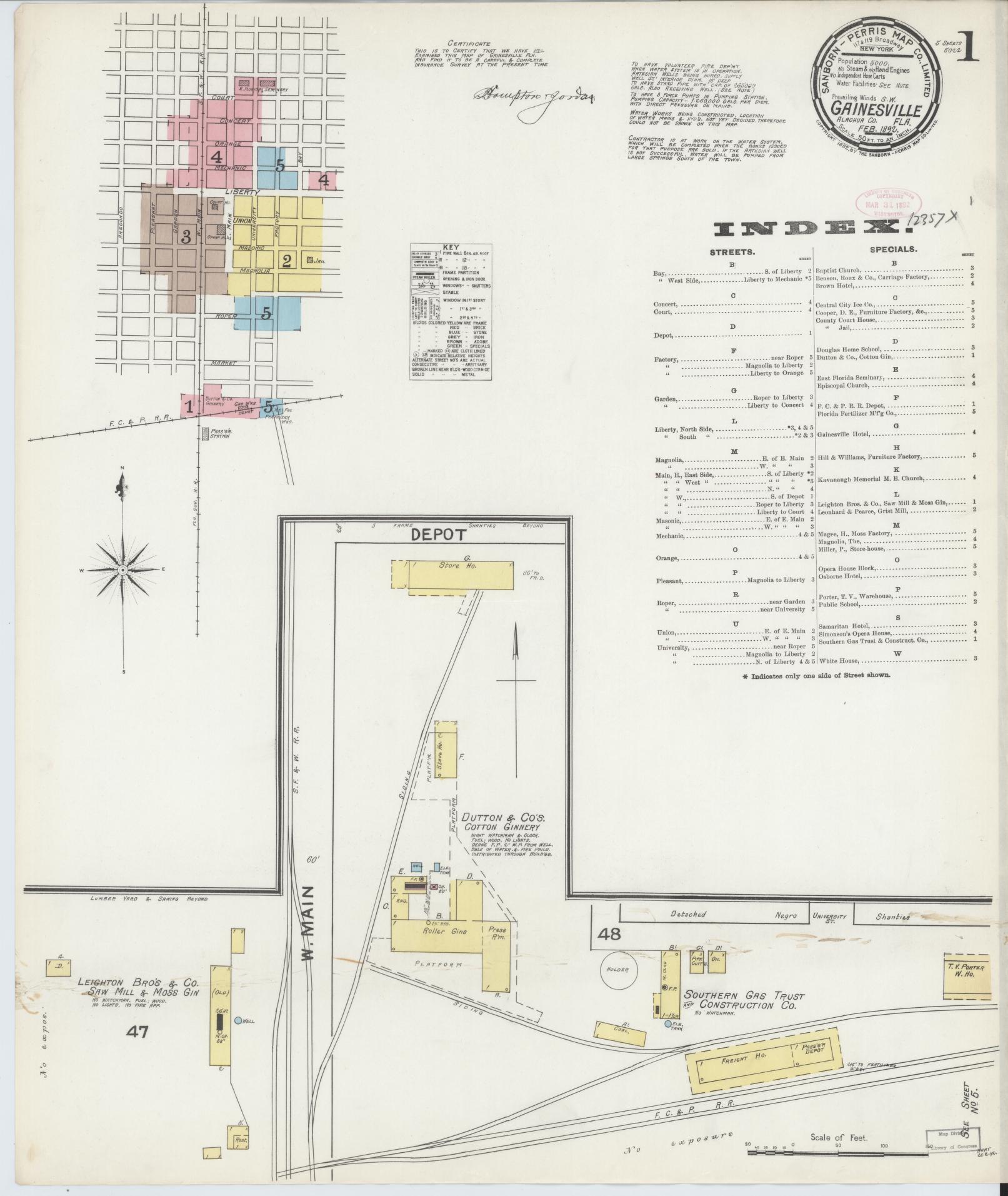Sanborn Fire Insurance Map from Gainesville, Alachua County, Florida (1892), Sheet #0001 - Historic Sanborn Fire Insurance Map Print, vintage old map wall art, antique decor, genealogy gift, Florida Florida map
