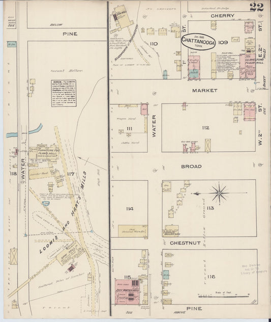 Sanborn Fire Insurance Map from Chattanooga, Hamilton County, Tennessee (1885), Sheet #0022 - Historic Sanborn Fire Insurance Map Print, vintage old map wall art, antique decor, genealogy gift, Tennessee Tennessee map