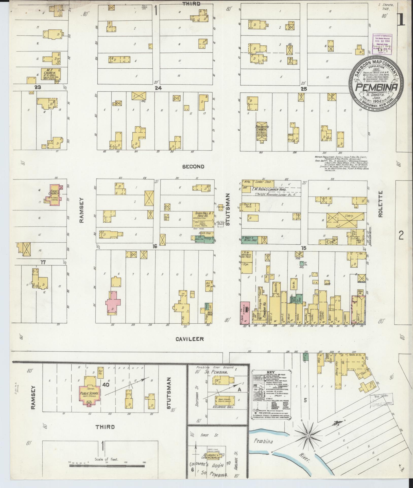 Sanborn Fire Insurance Map from Pembina, Pembina County, North Dakota (1904), Sheet #0001 - Historic Sanborn Fire Insurance Map Print, vintage old map wall art, antique decor, genealogy gift, North Dakota North Dakota map