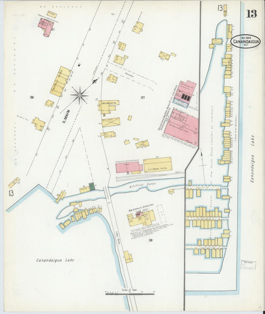 Sanborn Fire Insurance Map from Canandaigua, Ontario County, New York (1904), Sheet #0013 - Historic Sanborn Fire Insurance Map Print, vintage old map wall art, antique decor, genealogy gift, New York New York map