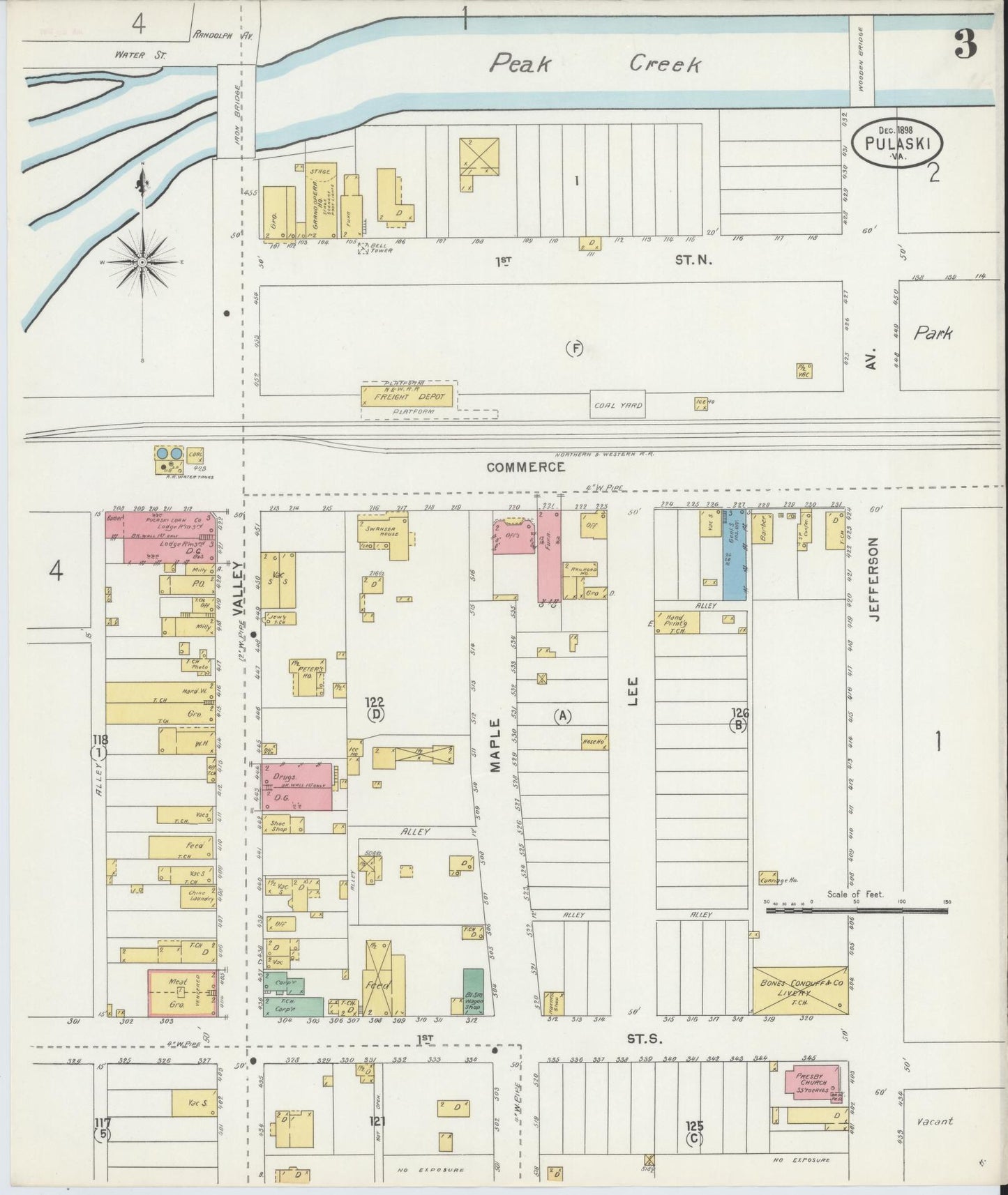 Sanborn Fire Insurance Map from Pulaski, Pulaski County, Virginia (1898), Sheet #0003 - Historic Sanborn Fire Insurance Map Print, vintage old map wall art, antique decor, genealogy gift, Virginia Virginia map
