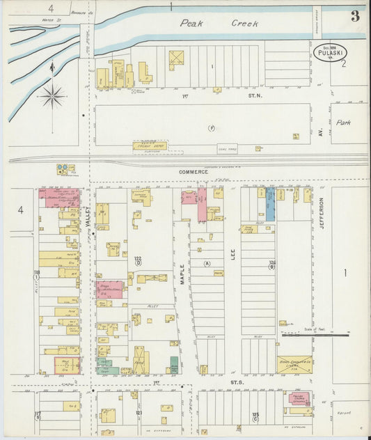 Sanborn Fire Insurance Map from Pulaski, Pulaski County, Virginia (1898), Sheet #0003 - Historic Sanborn Fire Insurance Map Print, vintage old map wall art, antique decor, genealogy gift, Virginia Virginia map
