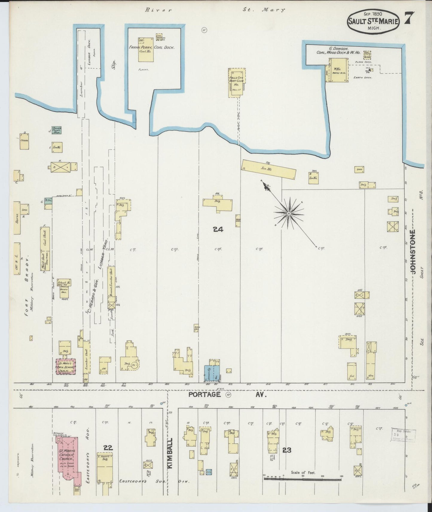 Sanborn Fire Insurance Map from Sault Sainte Marie, Chippewa County, Michigan (1890), Sheet #0007 - Complete Map Set gallery image, historic Sanborn map, vintage wall art, Michigan Michigan