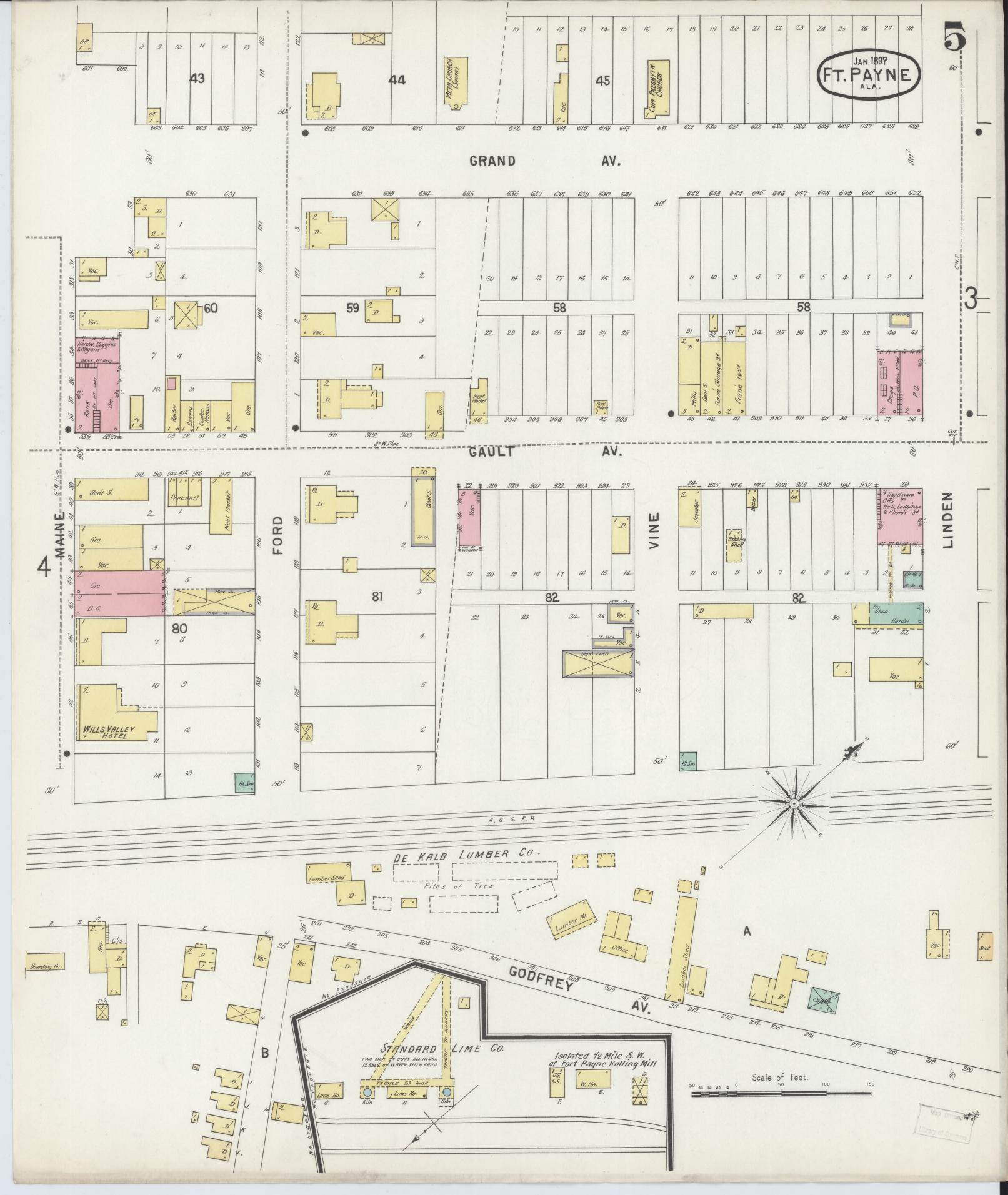 Sanborn Fire Insurance Map from Fort Payne, Dekalb County, Alabama (1897), Sheet #0005 - Historic Sanborn Fire Insurance Map Print, vintage old map wall art, antique decor, genealogy gift, Alabama Alabama map