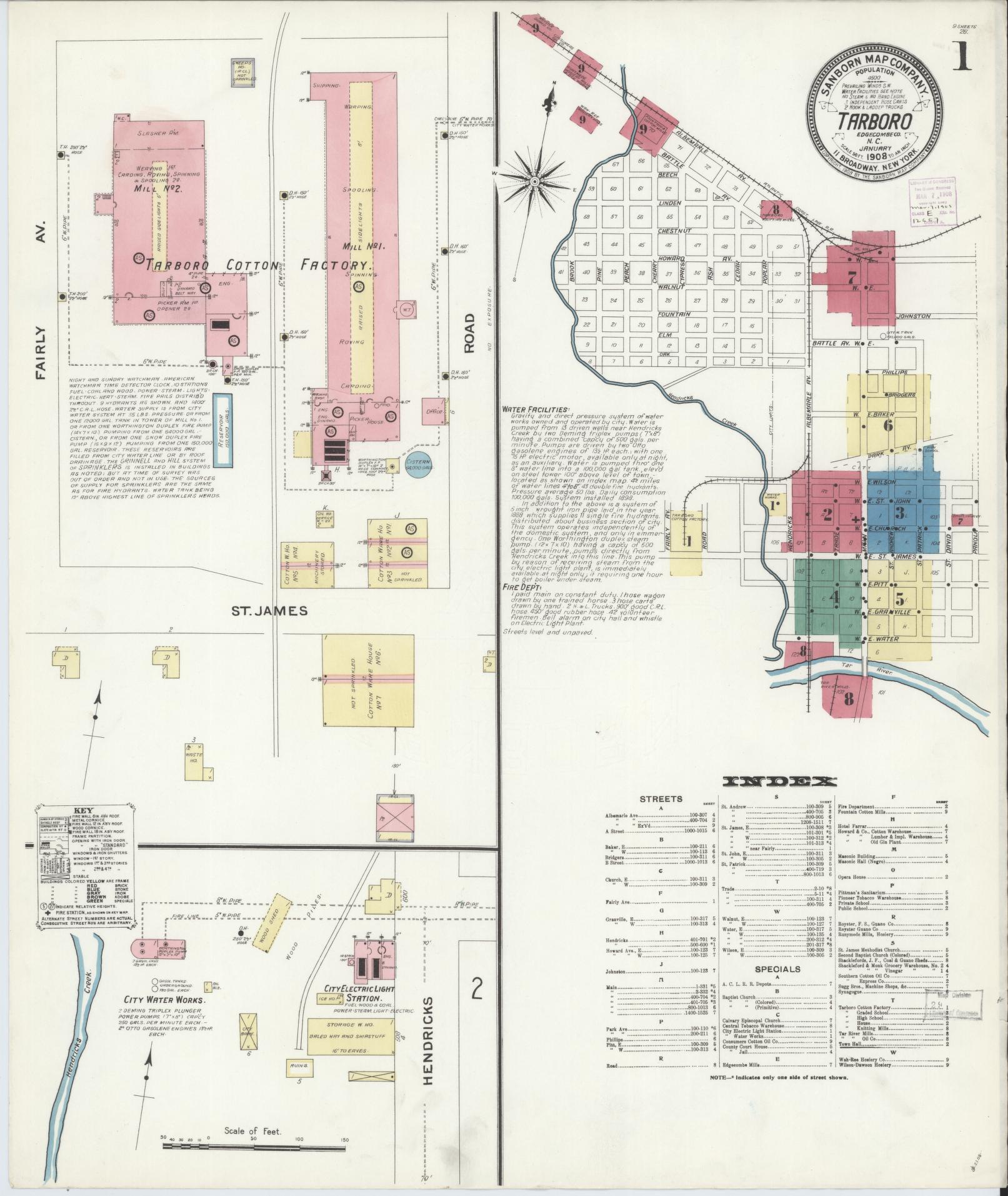 Sanborn Fire Insurance Map from Tarboro, Edgecombe County, North Carolina (1908), Sheet #0001 - Complete Map Set gallery image, historic Sanborn map, vintage wall art, North Carolina North Carolina