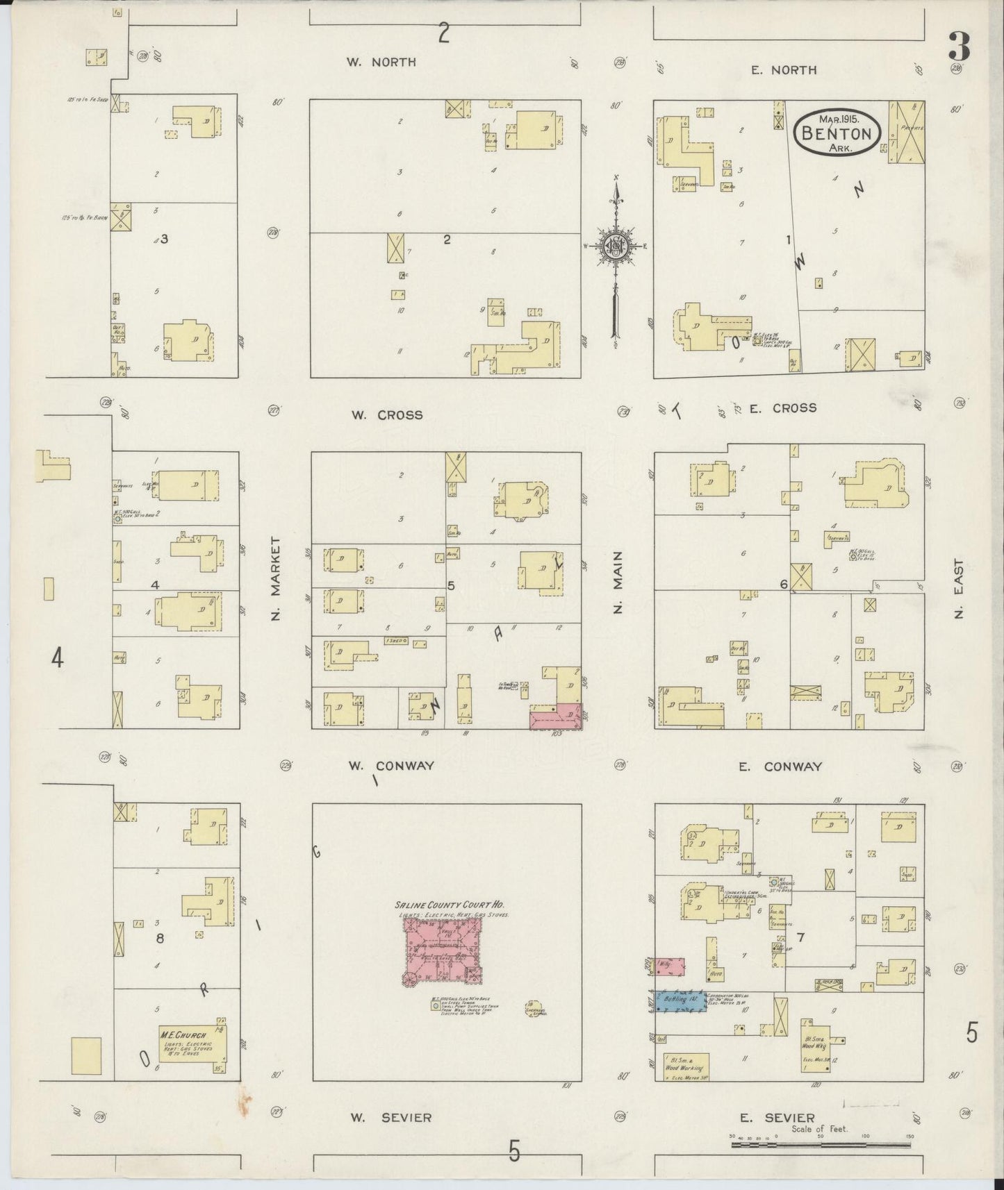 Sanborn Fire Insurance Map from Benton, Saline County, Arkansas (1915), Sheet #0003 - Complete Map Set gallery image, historic Sanborn map, vintage wall art, Arkansas Arkansas