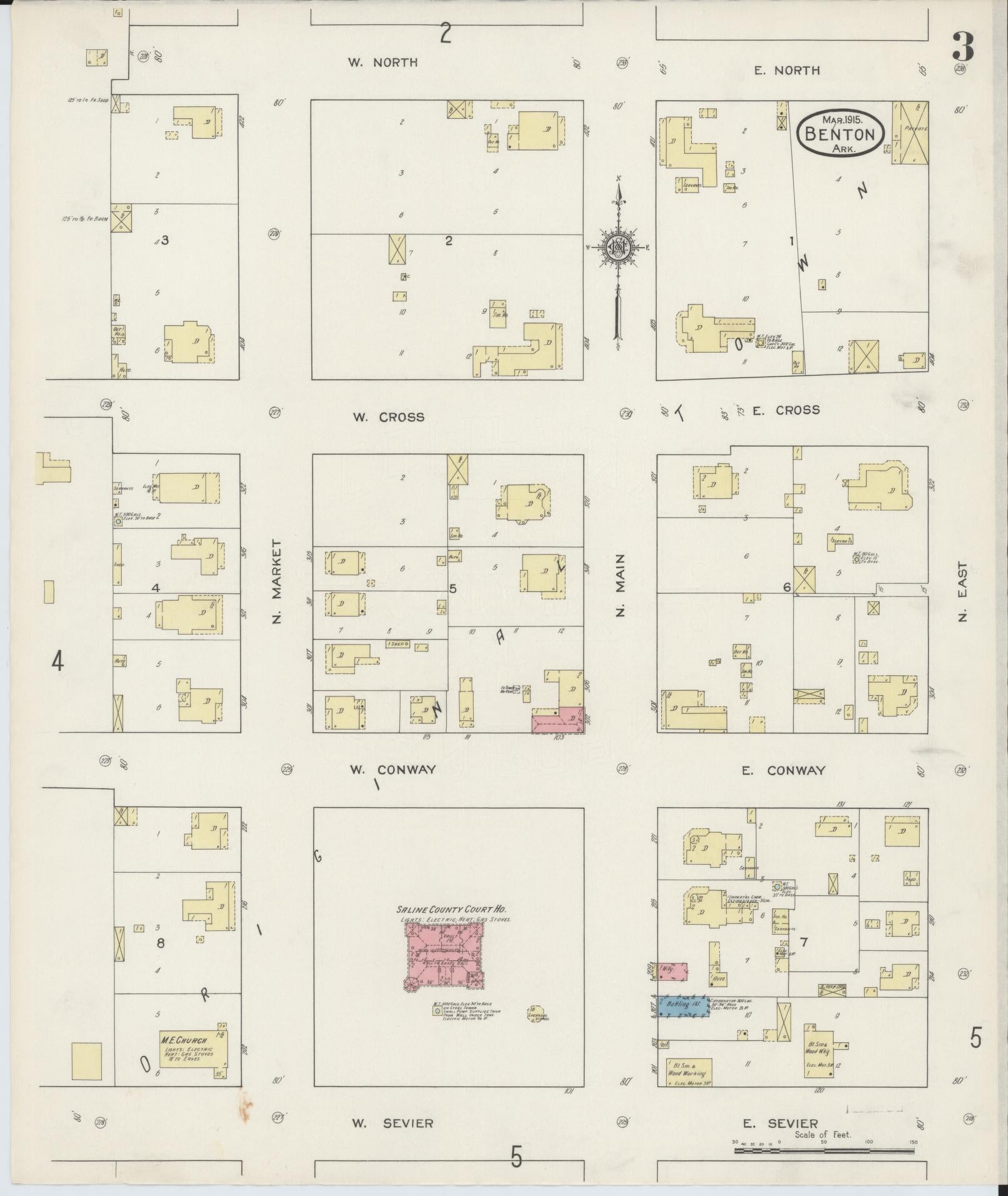 Sanborn Fire Insurance Map from Benton, Saline County, Arkansas (1915), Sheet #0003 - Complete Map Set gallery image, historic Sanborn map, vintage wall art, Arkansas Arkansas