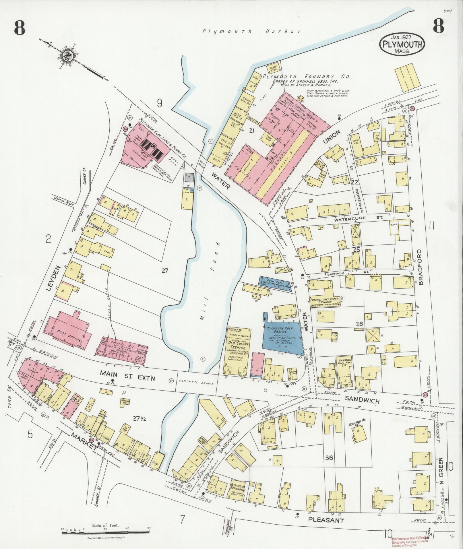 Sanborn Fire Insurance Map from Plymouth, Plymouth County, Massachusetts (1927), Sheet #0008 - Complete Map Set gallery image, historic Sanborn map, vintage wall art, Massachusetts Massachusetts