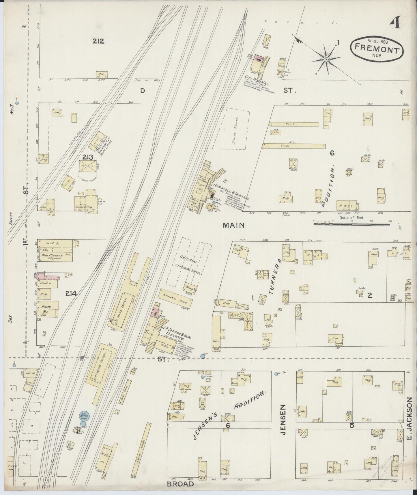 Sanborn Fire Insurance Map from Fremont, Dodge County, Nebraska (1888), Sheet #0004 - Historic Sanborn Fire Insurance Map Print, vintage old map wall art, antique decor, genealogy gift, Nebraska Nebraska map