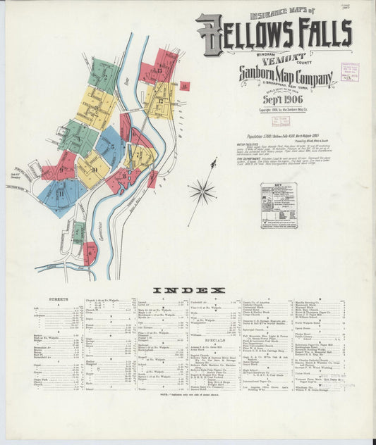 Sanborn Fire Insurance Map from Bellows Falls, Windham County, Vermont (1906), Sheet #0001 - Historic Sanborn Fire Insurance Map Print, vintage old map wall art, antique decor, genealogy gift, Vermont Vermont map