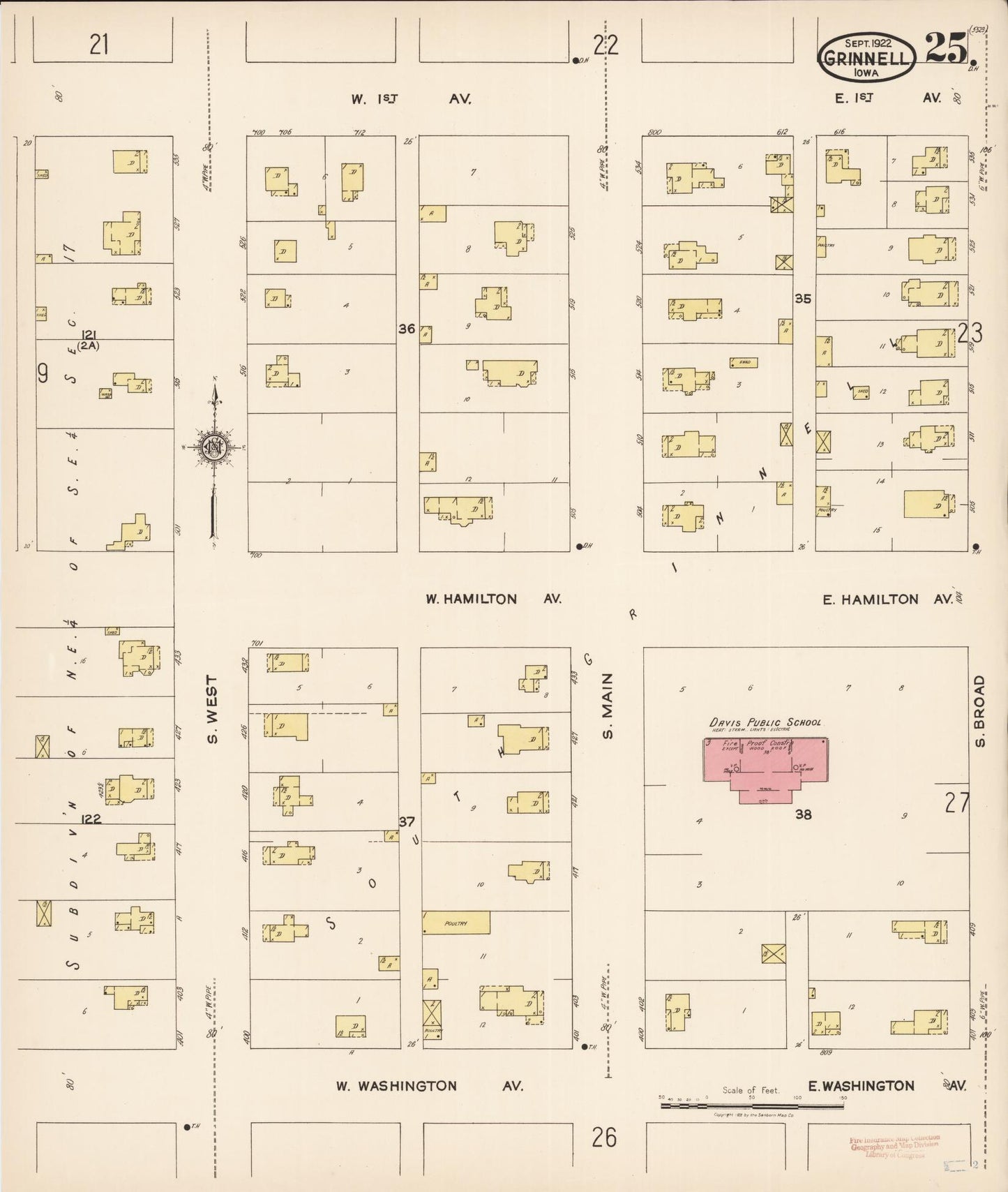 Sanborn Fire Insurance Map from Grinnell, Poweshiek County, Iowa (1922), Sheet #0025 - Historic Sanborn Fire Insurance Map Print, vintage old map wall art