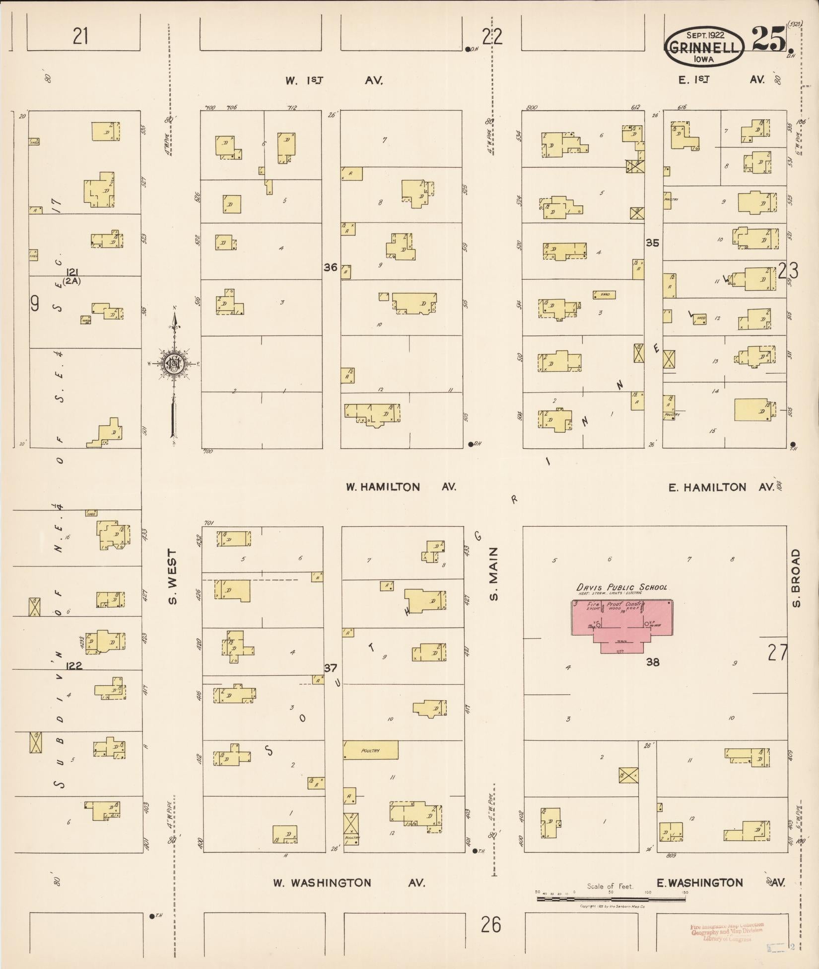 Sanborn Fire Insurance Map from Grinnell, Poweshiek County, Iowa (1922), Sheet #0025 - Historic Sanborn Fire Insurance Map Print, vintage old map wall art