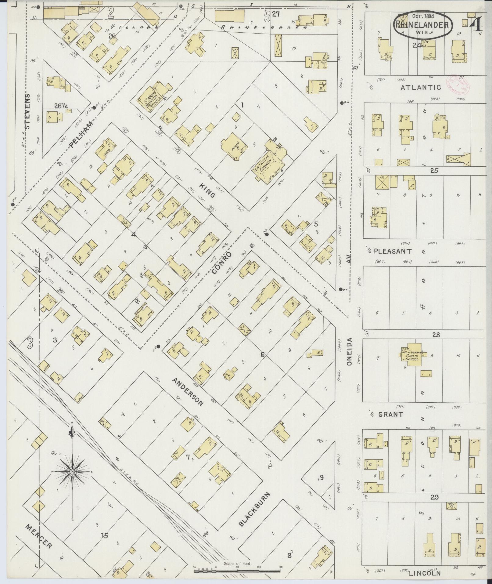 Sanborn Fire Insurance Map from Rhinelander, Oneida County, Wisconsin (1894), Sheet #0004 - Complete Map Set gallery image, historic Sanborn map, vintage wall art, Wisconsin Wisconsin