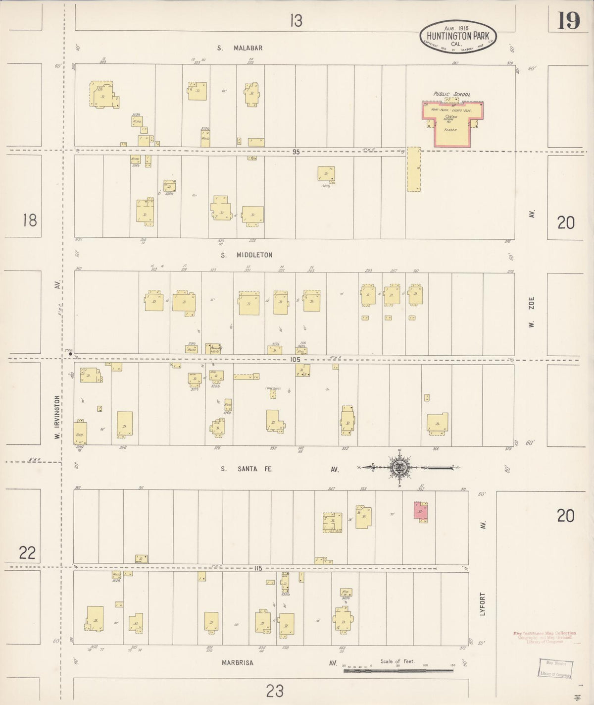 Sanborn Fire Insurance Map from Huntington Park, Los Angeles County, California (1916), Sheet #0019 - Complete Map Set gallery image, historic Sanborn map, vintage wall art, California California