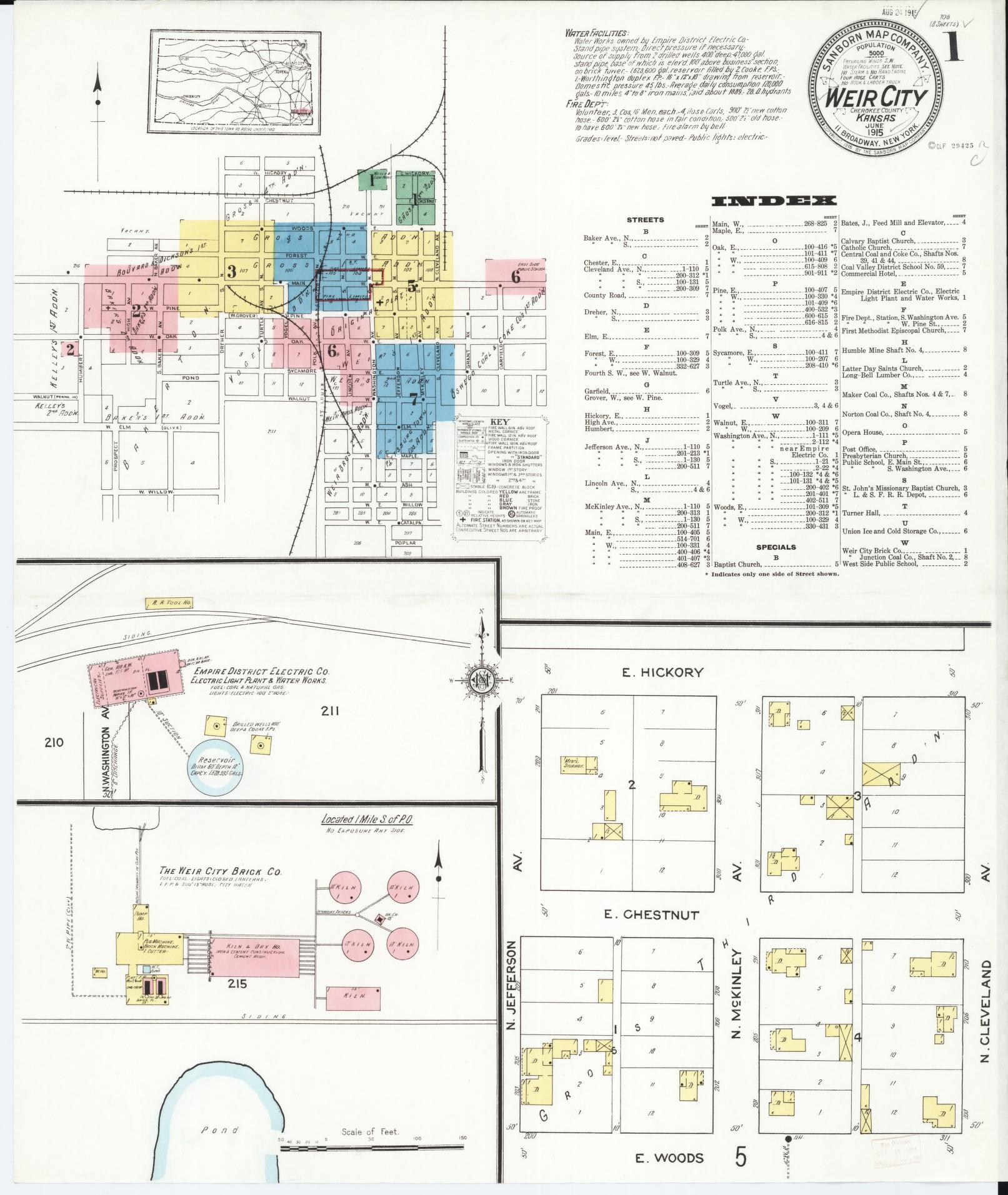Sanborn Fire Insurance Map from Weir, Cherokee County, Kansas (1915), Sheet #0001 - Complete Map Set gallery image, historic Sanborn map, vintage wall art, Kansas Kansas