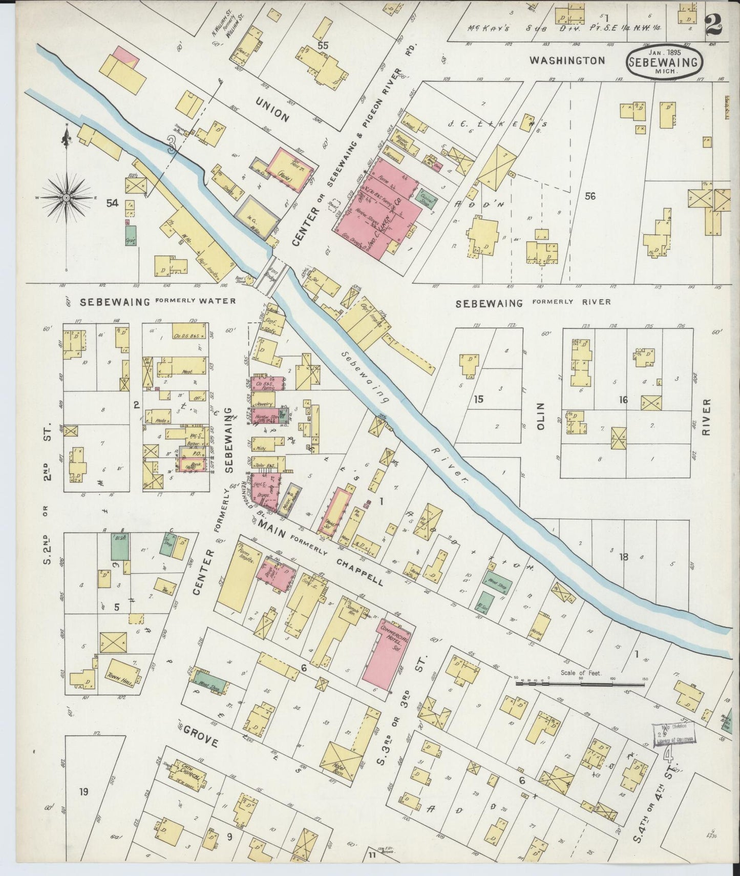 Sanborn Fire Insurance Map from Sebewaing, Huron County, Michigan (1895), Sheet #0002 - Historic Sanborn Fire Insurance Map Print, vintage old map wall art, antique decor, genealogy gift, Michigan Michigan map