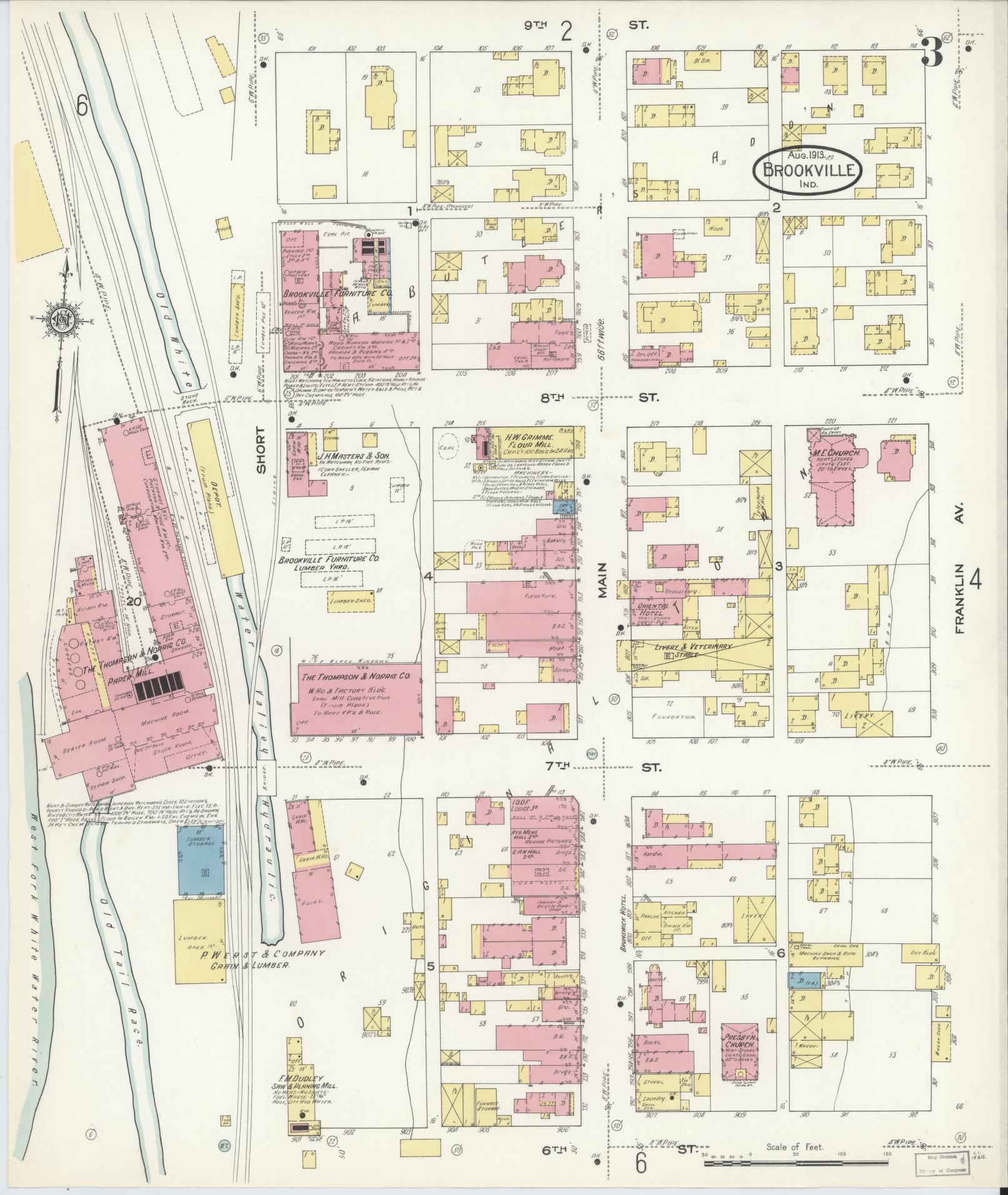 Sanborn Fire Insurance Map from Brookville, Franklin County, Indiana (1913), Sheet #0003 - Historic Sanborn Fire Insurance Map Print, vintage old map wall art, antique decor, genealogy gift, Indiana Indiana map