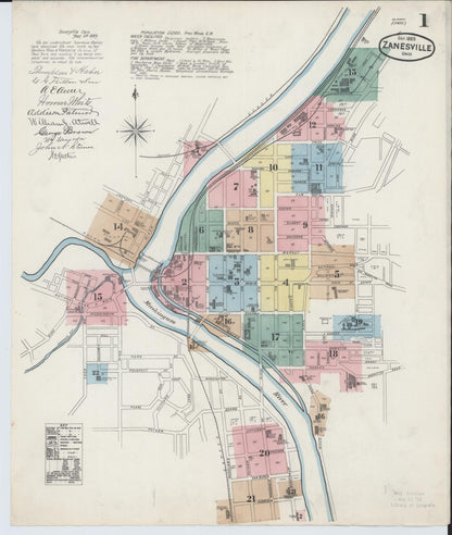 Sanborn Fire Insurance Map from Zanesville, Muskingum County, Ohio (1889), Sheet #0001 - Complete Map Set gallery image, historic Sanborn map, vintage wall art, Ohio Ohio