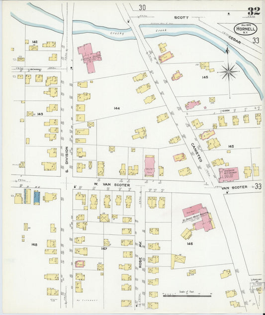 Sanborn Fire Insurance Map from Hornell, Steuben County, New York (1909), Sheet #0032 - Historic Sanborn Fire Insurance Map Print, vintage old map wall art, antique decor, genealogy gift, New York New York map