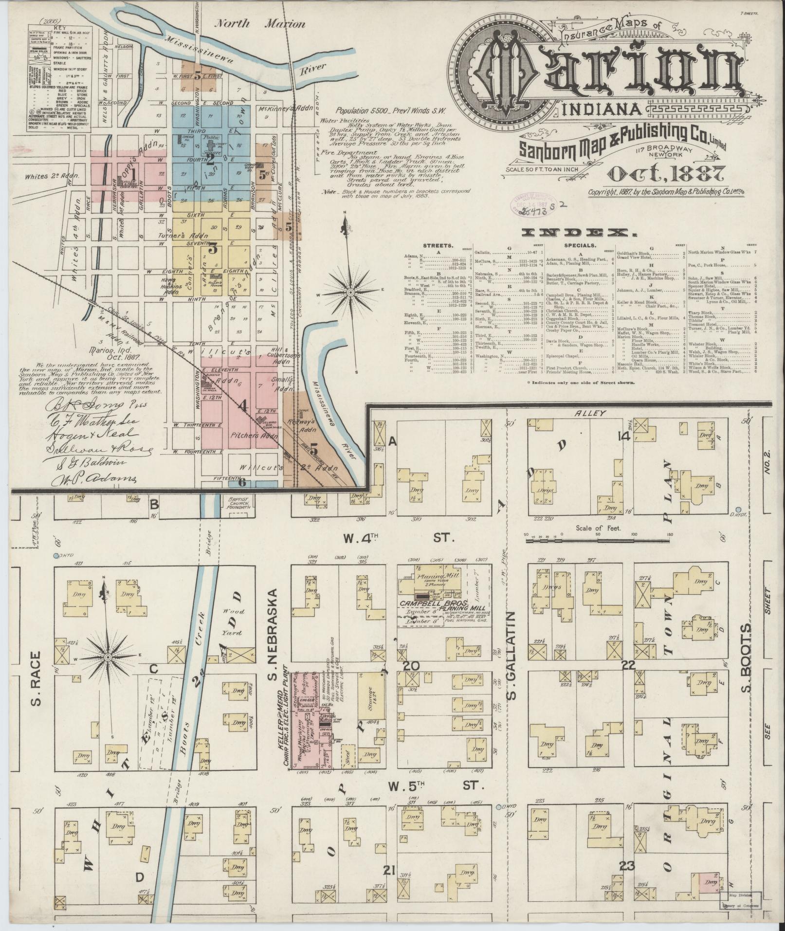 Sanborn Fire Insurance Map from Marion, Grant County, Indiana (1887), Sheet #0001 - Historic Sanborn Fire Insurance Map Print, vintage old map wall art, antique decor, genealogy gift, Indiana Indiana map