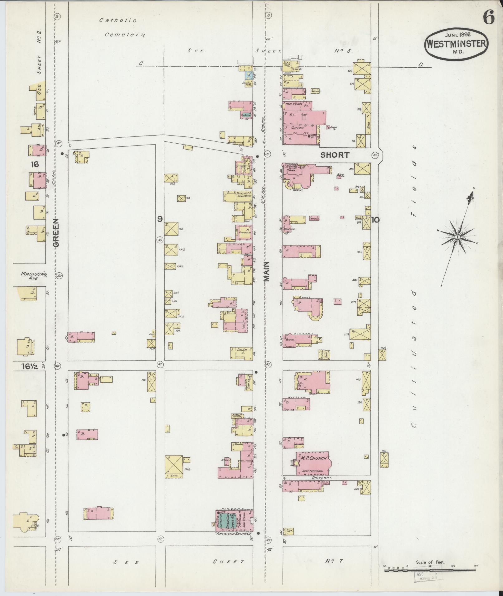 Sanborn Fire Insurance Map from Westminster, Carroll County, Maryland (1892), Sheet #0006 - Historic Sanborn Fire Insurance Map Print, vintage old map wall art, antique decor, genealogy gift, Maryland Maryland map