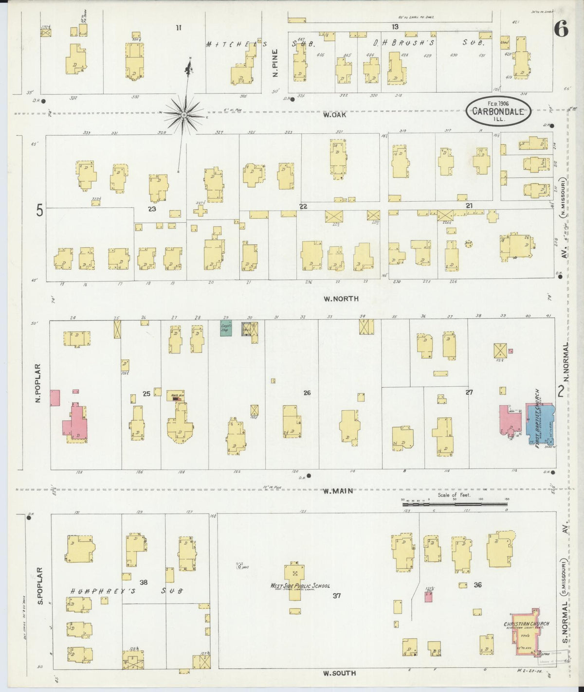 Sanborn Fire Insurance Map from Carbondale, Jackson County, Illinois (1906), Sheet #0006 - Complete Map Set gallery image, historic Sanborn map, vintage wall art, Illinois Illinois