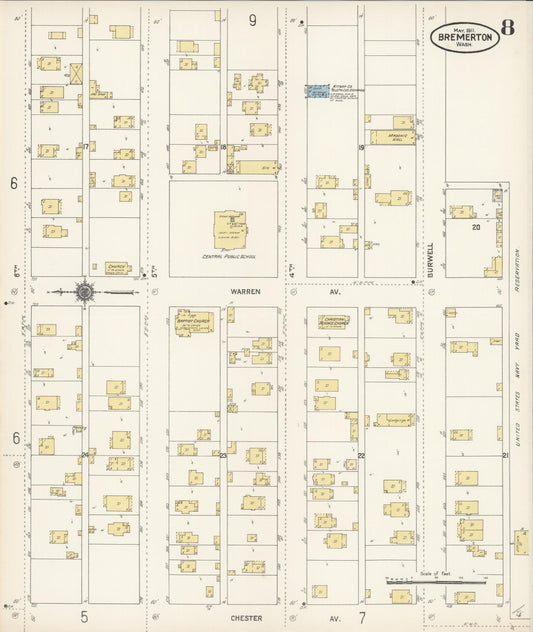 Sanborn Fire Insurance Map from Bremerton, Kitsap County, Washington (1911), Sheet #0008 - Historic Sanborn Fire Insurance Map Print, vintage old map wall art, antique decor, genealogy gift, Washington Washington map