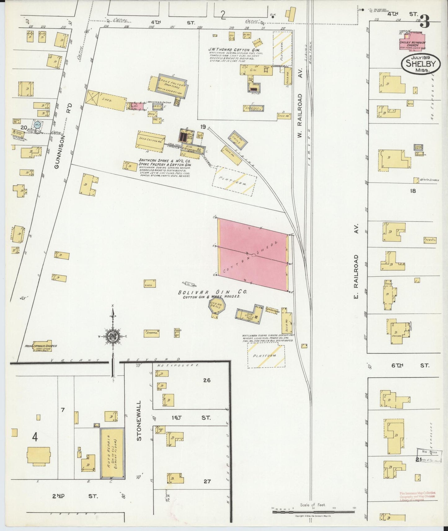 Sanborn Fire Insurance Map from Shelby, Bolivar County, Mississippi (1919), Sheet #0003 - Complete Map Set gallery image, historic Sanborn map, vintage wall art, Mississippi Mississippi