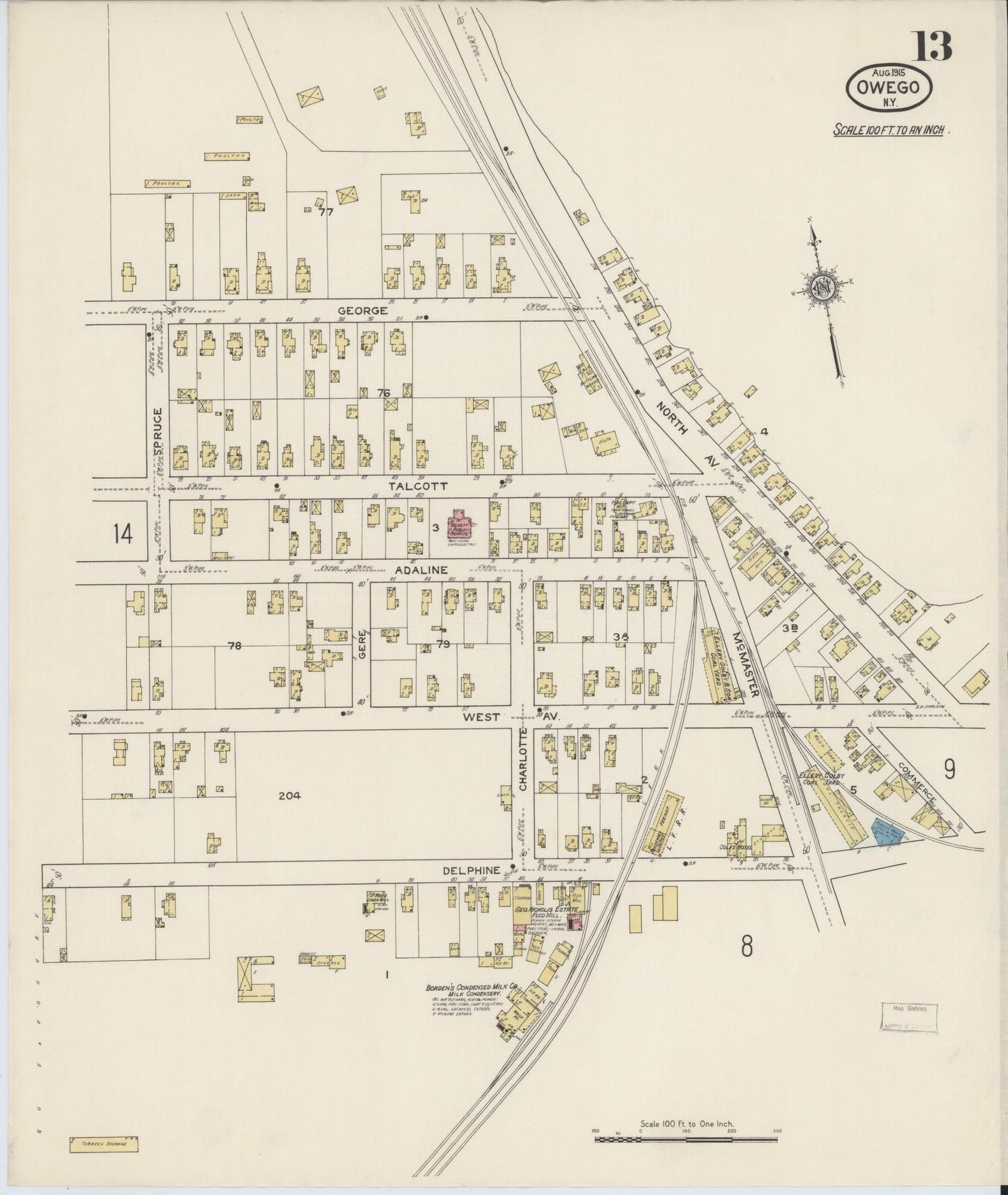 Sanborn Fire Insurance Map from Owego, Tioga County, New York (1915), Sheet #0013 - Historic Sanborn Fire Insurance Map Print, vintage old map wall art, antique decor, genealogy gift, New York New York map