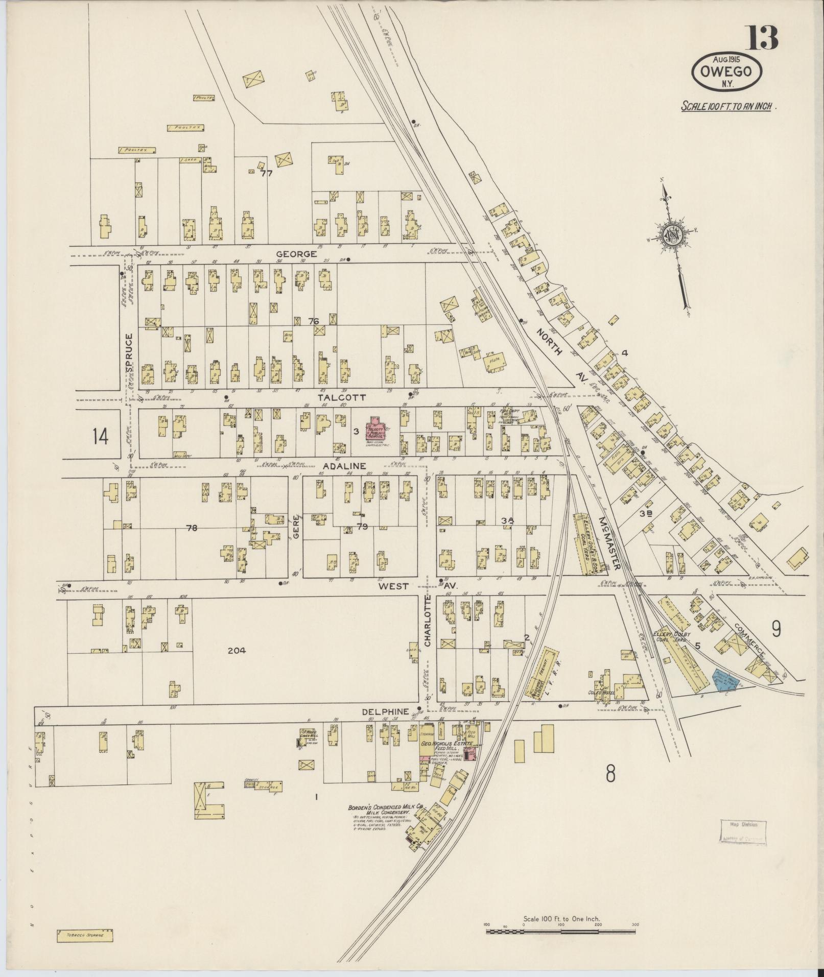 Sanborn Fire Insurance Map from Owego, Tioga County, New York (1915), Sheet #0013 - Historic Sanborn Fire Insurance Map Print, vintage old map wall art, antique decor, genealogy gift, New York New York map