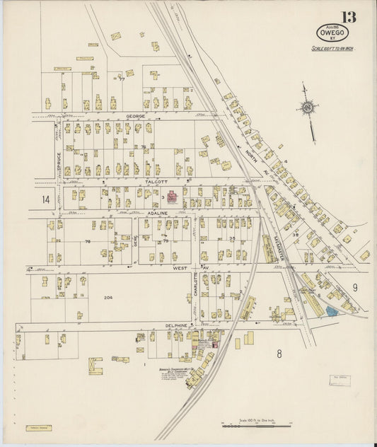Sanborn Fire Insurance Map from Owego, Tioga County, New York (1915), Sheet #0013 - Historic Sanborn Fire Insurance Map Print, vintage old map wall art, antique decor, genealogy gift, New York New York map