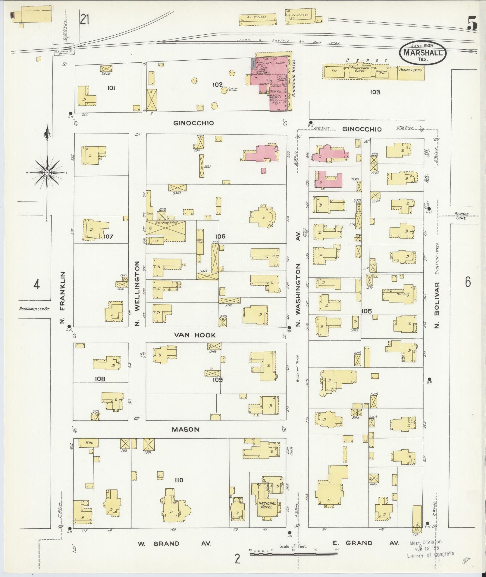 Sanborn Fire Insurance Map from Marshall, Harrison County, Texas (1909), Sheet #0005 - Historic Sanborn Fire Insurance Map Print, vintage old map wall art, antique decor, genealogy gift, Texas Texas map